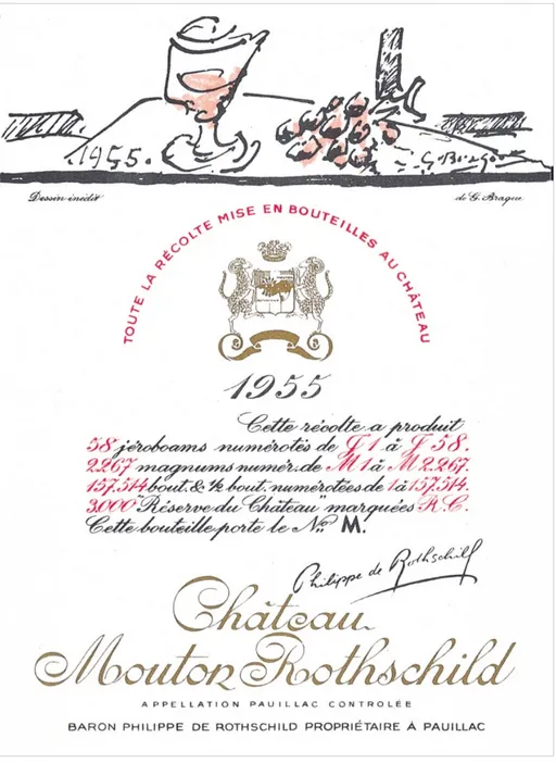 Château Mouton Rothschild, Premier Grand Cru Classé, Rosso, 1955, Pauillac. Etichetta frontale