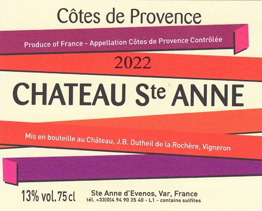 JEAN-BAPTISTE DUTHEIL DE LA ROCHERE Château Sainte-Anne, Rosé, 2022, Côtes de Provence. Front label