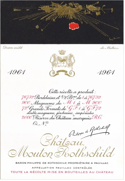 Château Mouton Rothschild, Premier Grand Cru Classé, Rosso, 1961, Pauillac. Etichetta frontale