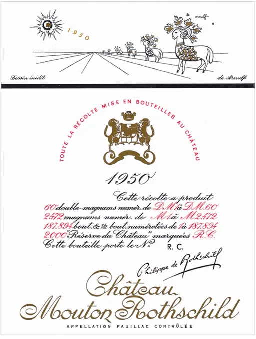 Château Mouton Rothschild, Premier Grand Cru Classé, Rosso, 1950, Pauillac. Etichetta frontale