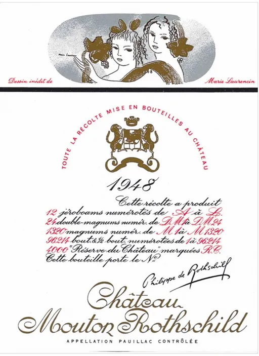 Château Mouton Rothschild, Premier Grand Cru Classé, Rosso, 1948, Pauillac. Etichetta frontale