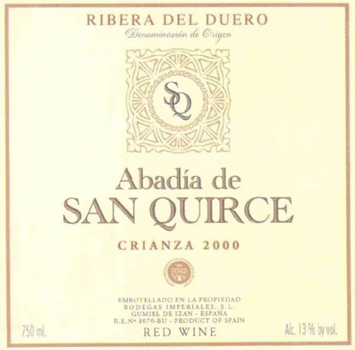 BODEGAS ABADIA SAN QUIRCE SL. Abadia de San Quirce, Crianza, Tinto, 2000, Ribera del Duero. Etiqueta frontal