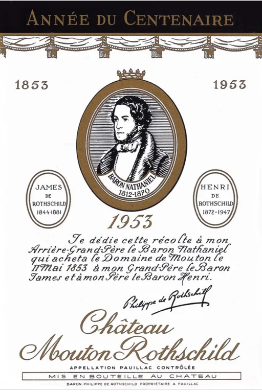 Château Mouton Rothschild, Premier Grand Cru Classé, Rosso, 1953, Pauillac. Etichetta frontale
