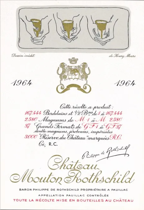 Château Mouton Rothschild, Premier Grand Cru Classé, Rosso, 1964, Pauillac. Etichetta frontale