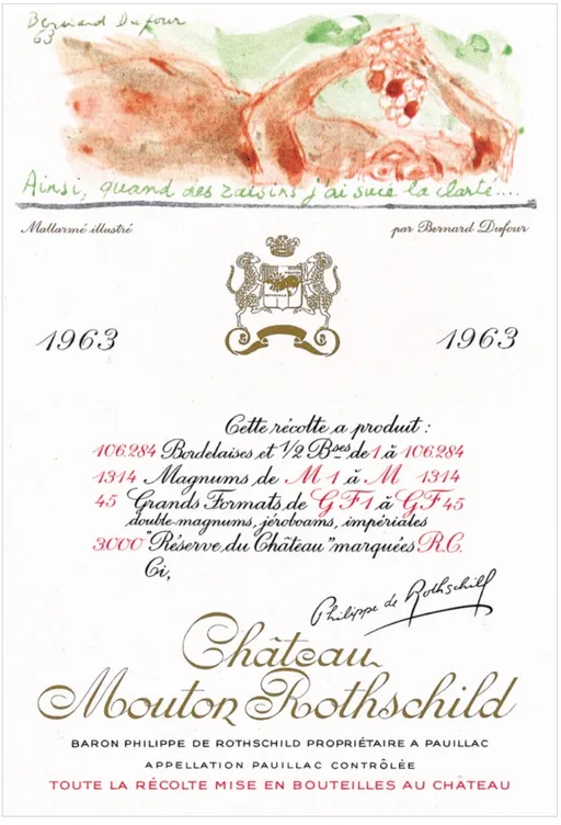 Château Mouton Rothschild, Premier Grand Cru Classé, Rosso, 1963, Pauillac. Etichetta frontale