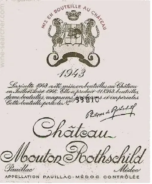 Château Mouton Rothschild, Premier Grand Cru Classé, Rosso, 1943, Pauillac. Etichetta frontale
