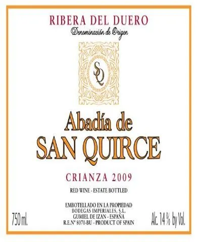 BODEGAS ABADIA SAN QUIRCE SL. Abadia de San Quirce, Crianza, Rot, 2009, Ribera del Duero. Das vordere Etikett