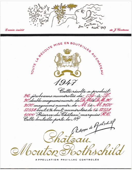 Château Mouton Rothschild, Premier Grand Cru Classé, Rosso, 1947, Pauillac. Etichetta frontale
