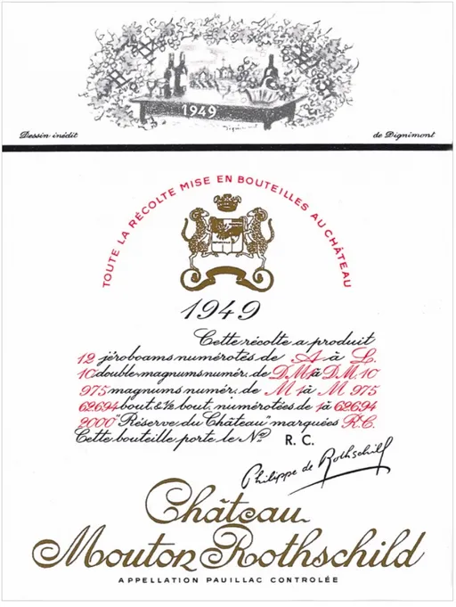 Château Mouton Rothschild, Premier Grand Cru Classé, Rosso, 1949, Pauillac. Etichetta frontale
