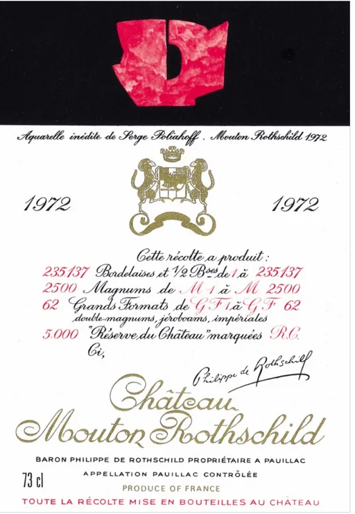 Château Mouton Rothschild, Premier Grand Cru Classé, Rosso, 1972, Pauillac. Etichetta frontale