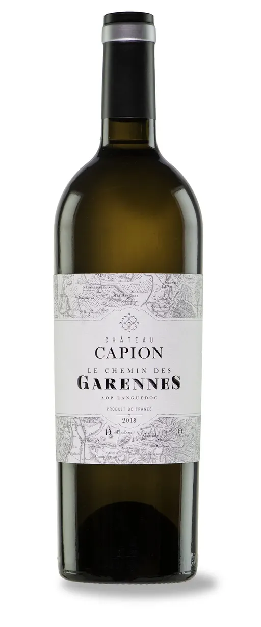 Château Capion Le Chemin des Garennes, Bianco, 2018, Languedoc. Immagine della bottiglia