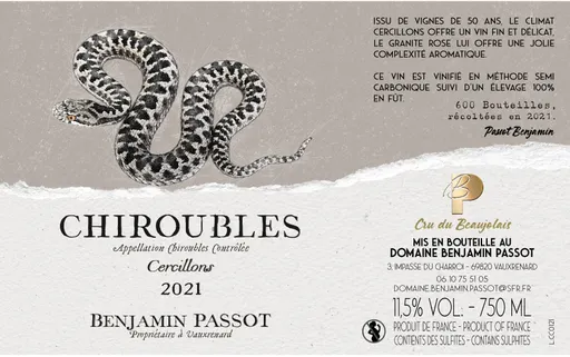 BENJAMIN PASSOT, Chiroubles Cercillons, Red, 2021, Chiroubles. Bottle image