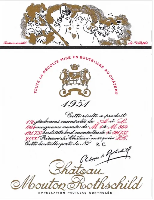 Château Mouton Rothschild, Premier Grand Cru Classé, Rosso, 1951, Pauillac. Etichetta frontale