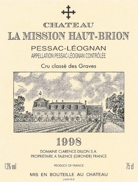 Château la Mission Haut-Brion, Grand Cru Classé de Graves, Rosso, 1998, Pessac-Léognan. Etichetta frontale