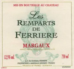 SOCIETE DU CHATEAU FERRIERE LES REMPARTS DE FERRIÈRE, Red, 2012, Margaux. Front label
