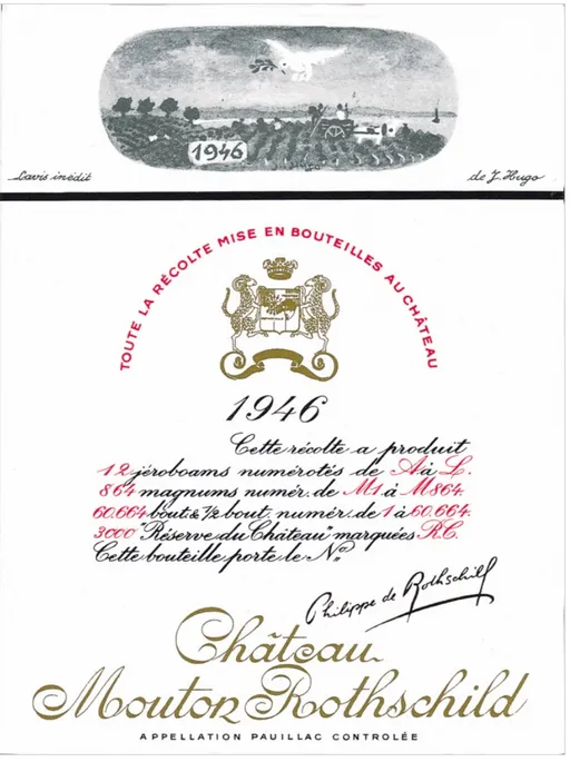 Château Mouton Rothschild, Premier Grand Cru Classé, Rosso, 1946, Pauillac. Etichetta frontale