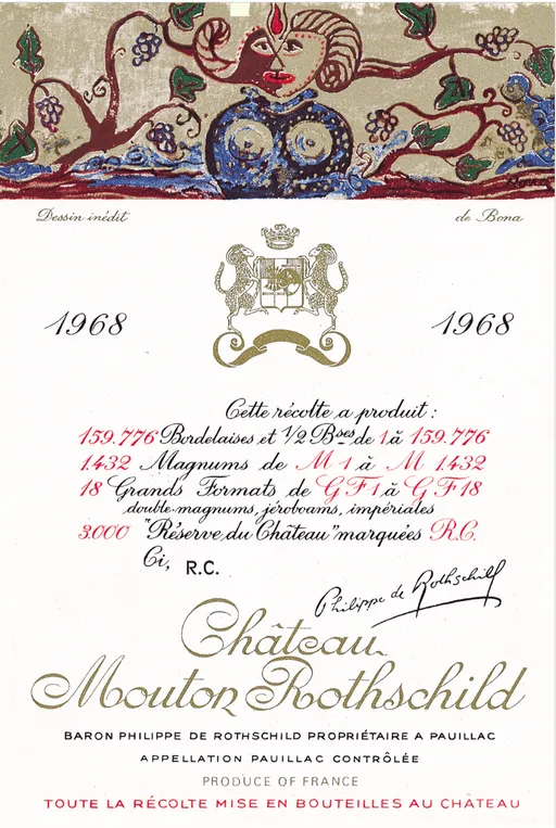 Château Mouton Rothschild, Premier Grand Cru Classé, Rosso, 1968, Pauillac. Etichetta frontale