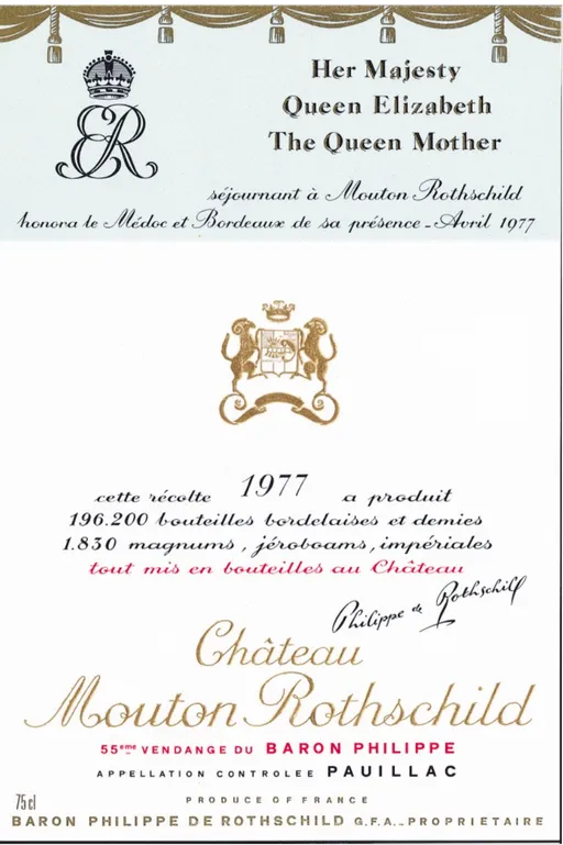 Château Mouton Rothschild, Premier Grand Cru Classé, Rosso, 1977, Pauillac. Etichetta frontale