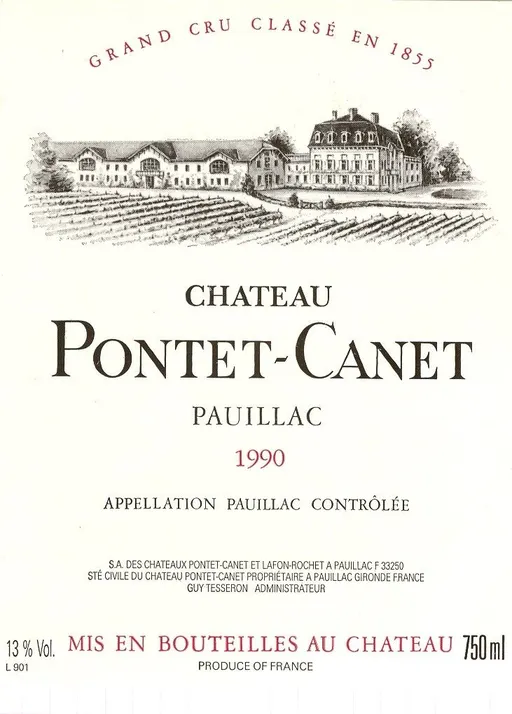 CHATEAU PONTET CANET Château Pontet-Canet, Cinquième Cru Classé, Rouge, 1990, Pauillac. Étiquette
