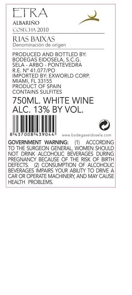 BODEGAS EIDOSELA SCG Etra, Albarino, White, 2010, Rías Baixas. Back label