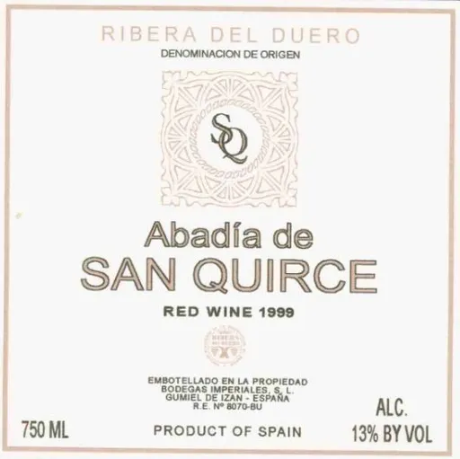 BODEGAS ABADIA SAN QUIRCE SL. Abadia de San Quirce, Crianza, Tinto, 1999, Ribera del Duero. Etiqueta frontal