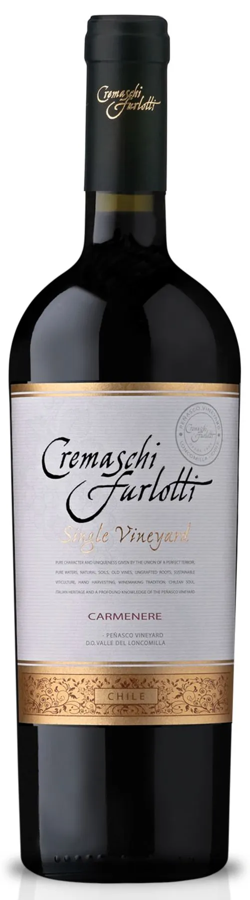 CREMASCHI FURLOTTI, SINGLE VINEYARD CARMENERE, Rosso, 2017, Valle del Loncomilla. Immagine della bottiglia