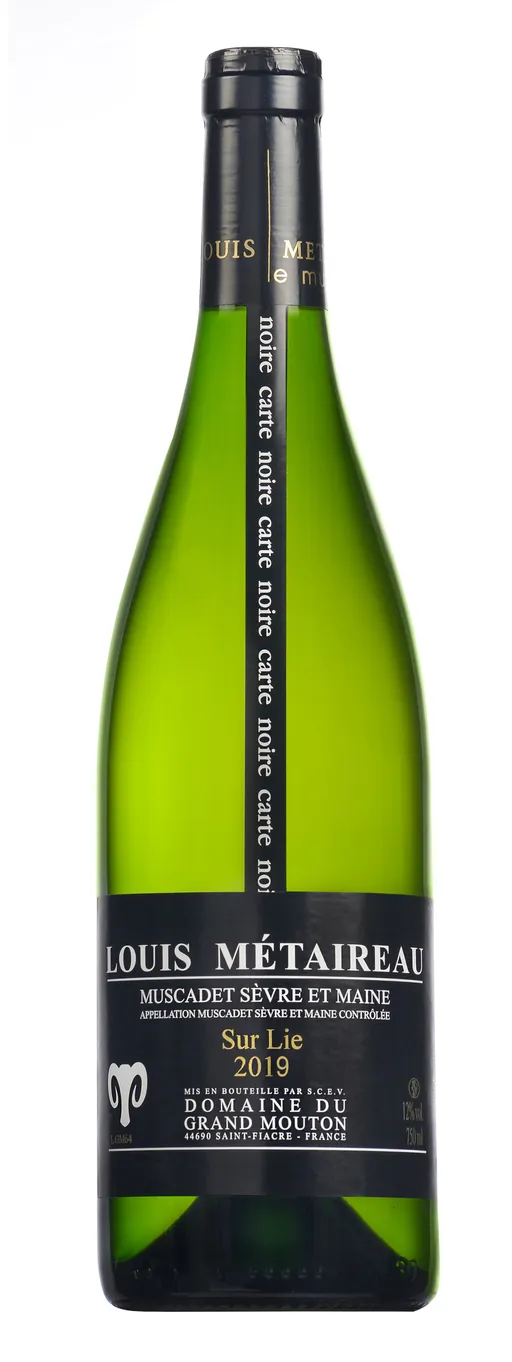 DOMAINE DU GRAND MOUTON Louis MÉTAIREAU GRAND MOUTON, Cuvée Carte Noire, Blanc, 2021, Muscadet Sèvre et Maine. Image de la bouteille