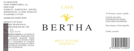 JOSEP TORRES SIBILL SL. BERTHA, Reserva, White, NV, Cava. Front label