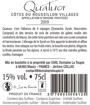 DOMAINE LA TOUPIE QUATUOR, Red, 2019, Côtes du Roussillon Villages. Back label