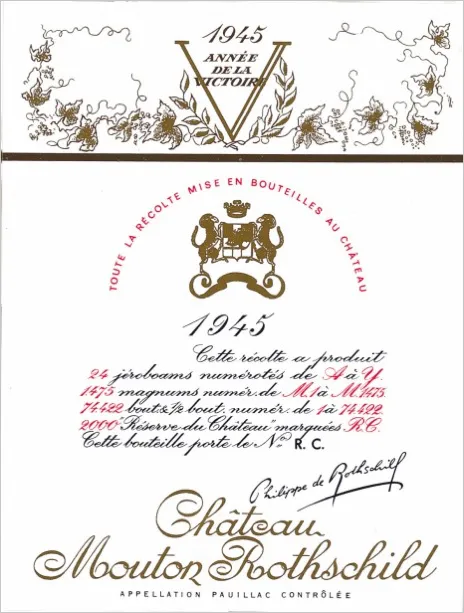 Château Mouton Rothschild, Premier Grand Cru Classé, Rosso, 1945, Pauillac. Etichetta frontale