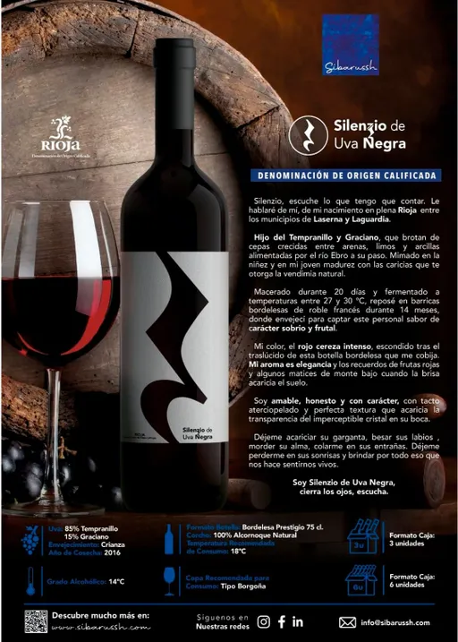SIBARUSSH WORLD SOCIEDAD LIMITADA. SilenZio de Uva Negra, 85% Tempranillo 15% Graciano, Crianza, Rot, 2018, Rioja. Flaschenabbildung