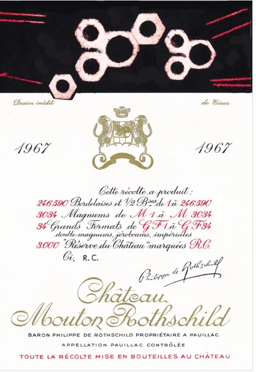 Château Mouton Rothschild, Premier Grand Cru Classé, Rosso, 1967, Pauillac. Etichetta frontale
