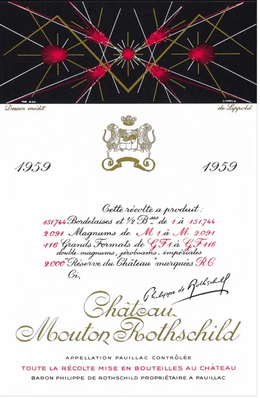 Château Mouton Rothschild, Premier Grand Cru Classé, Rosso, 1959, Pauillac. Etichetta frontale