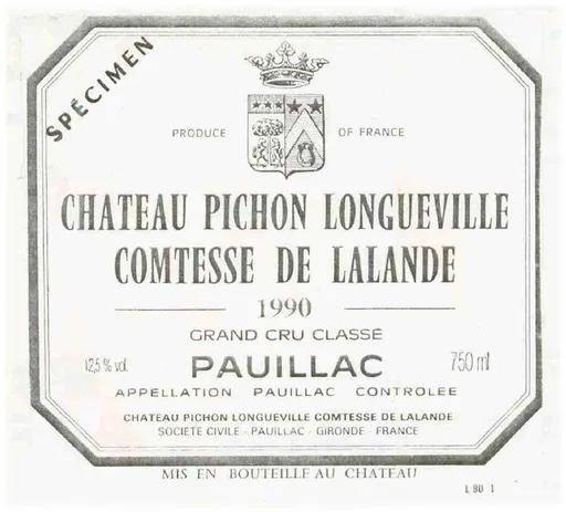 CHAT PICHON LONGUEVILLE COMTESSE LALANDE Château Pichon Longueville Comtesse de Lalande, Deuxième Cru Classé, Rouge, 1990, Pauillac. Étiquette
