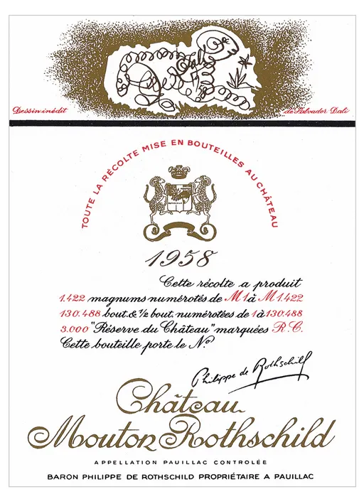 Château Mouton Rothschild, Premier Grand Cru Classé, Rosso, 1958, Pauillac. Etichetta frontale