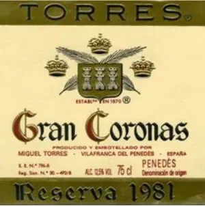 Torres Gran Coronas, Cabernet Sauvignon Reserva, Tinto, 1981, Penedès. Etiqueta frontal
