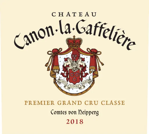 SOCIETE CIVILE DES COMTES VON NEIPPERG Château Canon-La-Gaffelière, Premier Grand Cru Classé, Rot, 2018, Saint-Emilion grand cru. Das vordere Etikett