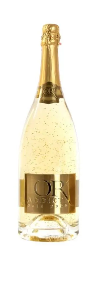 OR ADDICT OR ADDICT CUVÉE ÉCLAT, VIN PÉTILLANT 100% CHARDONNAY AVEC PAILLETTES D'OR 22.5K, Bianco, NV. Immagine della bottiglia