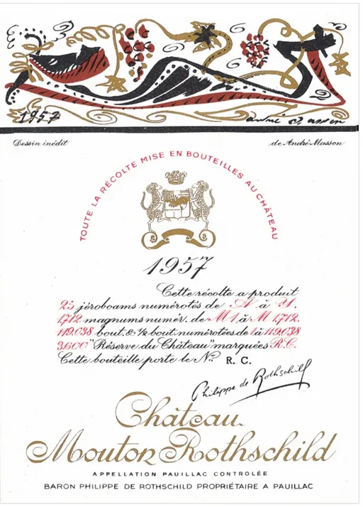 Château Mouton Rothschild, Premier Grand Cru Classé, Rosso, 1957, Pauillac. Etichetta frontale