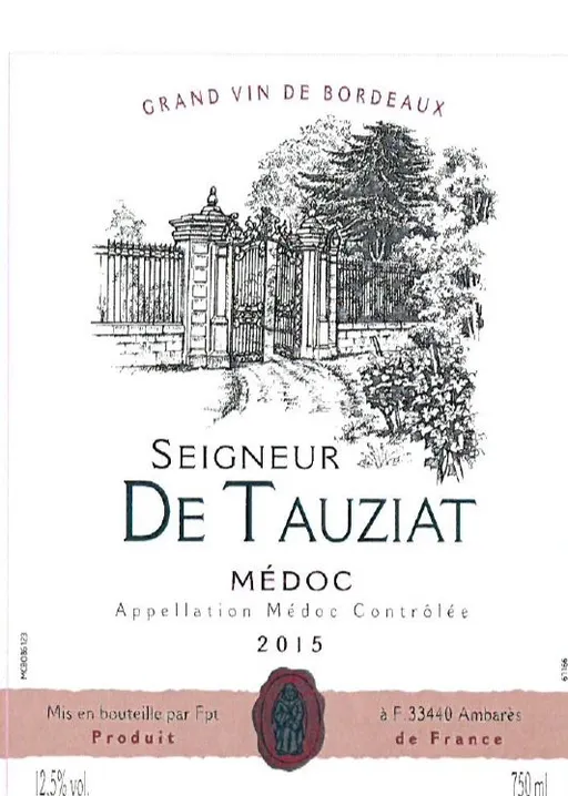MAISON BOUEY (AMBARES-ET-LAGRAVE) SEIGNEUR DE TAUZIAT, Rouge, 2020, Médoc. Image de la bouteille