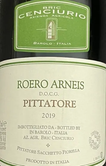 Azienda Agricola Bric Cenciurio Pittatore, Blanco, 2019, Roero. Etiqueta frontal