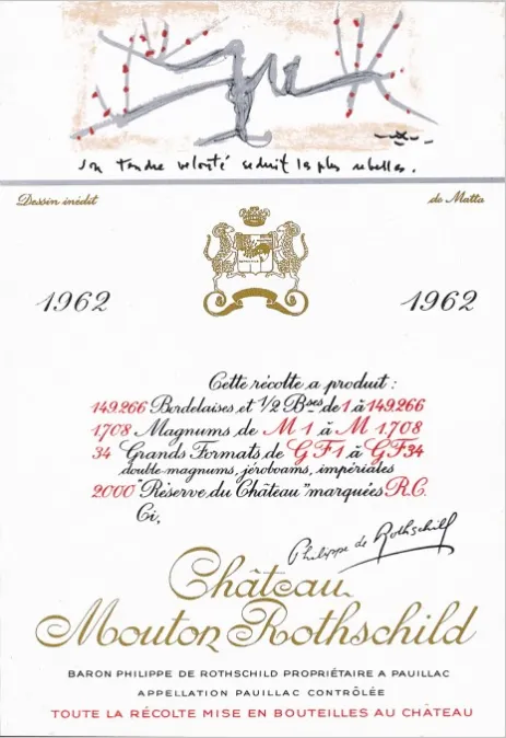 Château Mouton Rothschild, Premier Grand Cru Classé, Rosso, 1962, Pauillac. Etichetta frontale