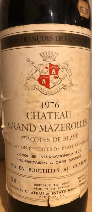 Vignobles Luc Schweitzer Château Grand Mazerolles, Rosso, 1976, Côtes de Bordeaux Blaye. Etichetta frontale
