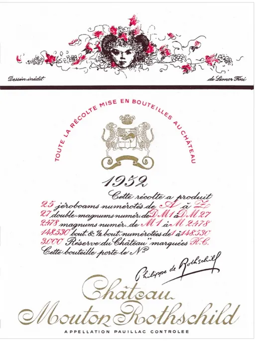 Château Mouton Rothschild, Premier Grand Cru Classé, Rosso, 1952, Pauillac. Etichetta frontale
